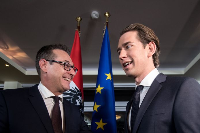 De nieuwe Oostenrijkse premier Sebastian Kurz (rechts) en zijn coalitiegenoot Heinz-Christian Strache van de extreemrechtse FPÖ.