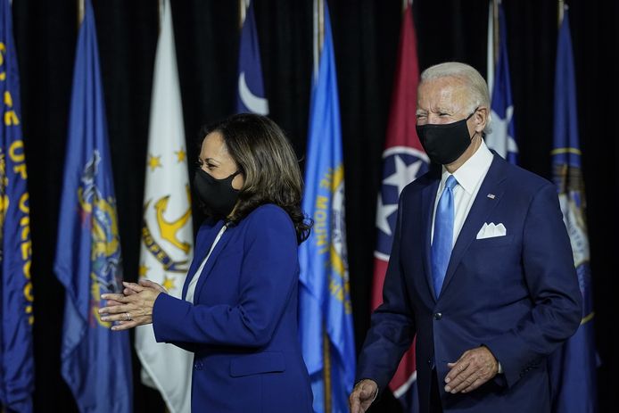 Joe Biden en zijn running mate Kamala Harris tijdens hun eerste gezamenlijke optreden.