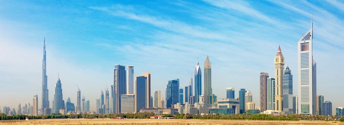 De skyline van Dubai.
