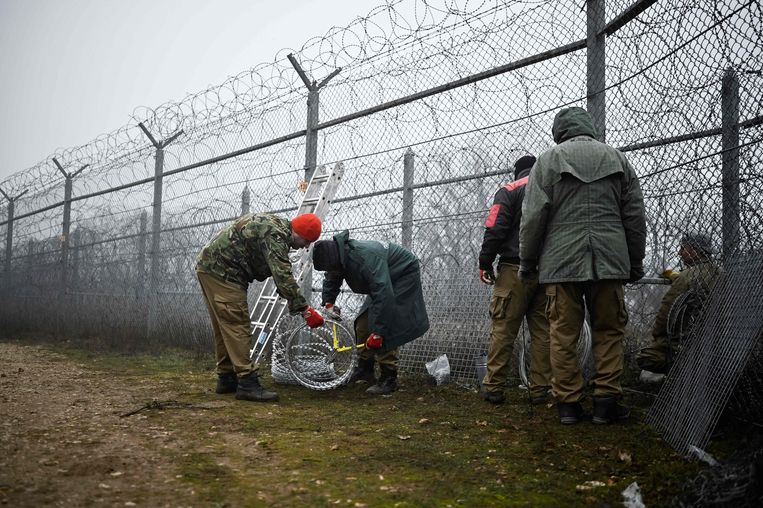 Op de grens van Bulgarije en Turkije is een hek opgetrokken om illegale asielzoekers tegen te houden. Beeld AFP