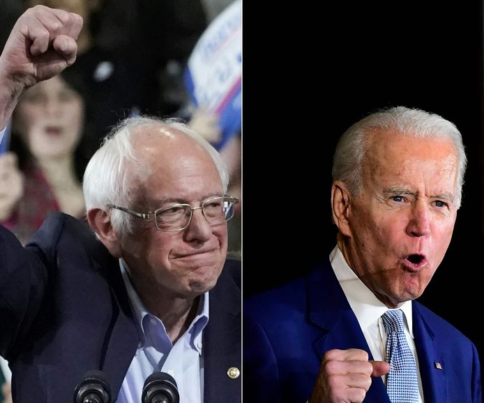 Bernie Sanders (links)  geeft de strijd nog niet op.  Joe Biden (rechts) is op dreef, kruist hij straks de degens met Donald Trump?