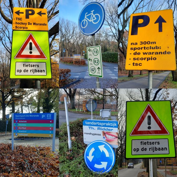 Verkeers- en verwijzingsborden aan de Warandelaan in Oosterhout.