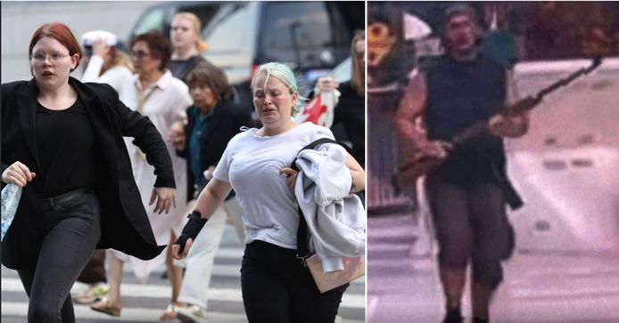 Хората бягат в паника.  Вдясно е снимка на извършителя, разпространявана в Twitter и публикувана от датския вестник Ekstra Bladet
