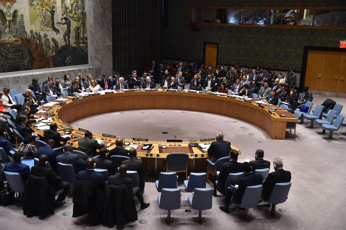 De VN Veiligheidsraad in vergadering.