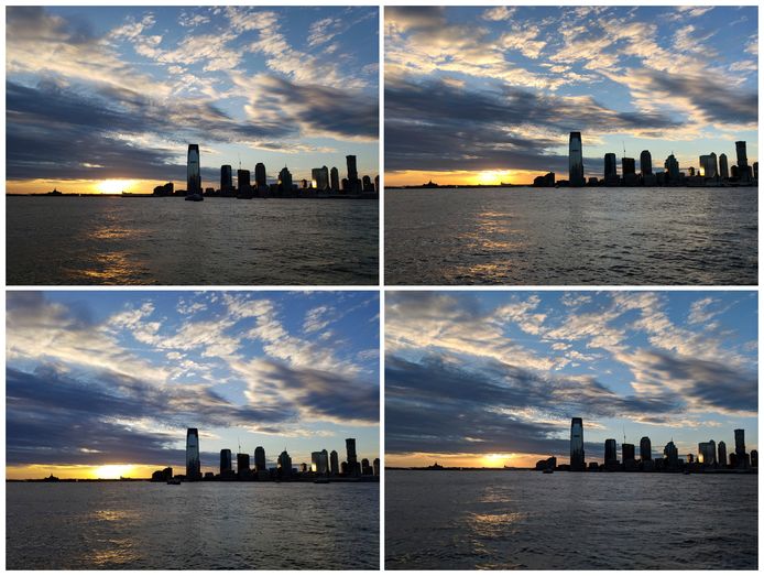De zonsondergang boven de Hudsonrivier in New York, van links bovenaan in wijzerzin gefotografeerd met een Samsung Galaxy S9, een Apple iPhone X, een Google Pixel 2 XL en een Samsung Galaxy Note 8.