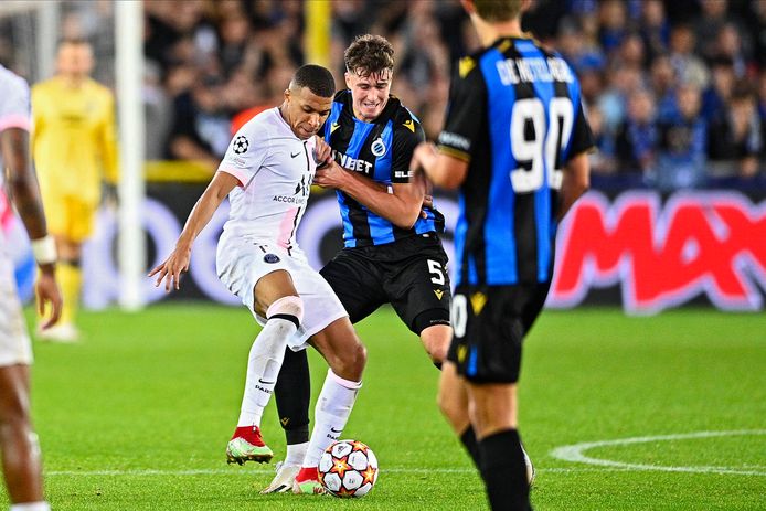 Kylian Mbappé in actie in de Champions League tegen Club Brugge.