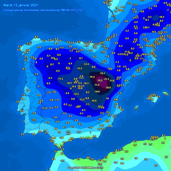 Afgelopen nacht koelde het in Madrid af tot -13°C. Het was daarmee de koudste nacht in 20 jaar. In Molina de Aragon werd het maar liefst -25°C op 1.000 meter hoogte.