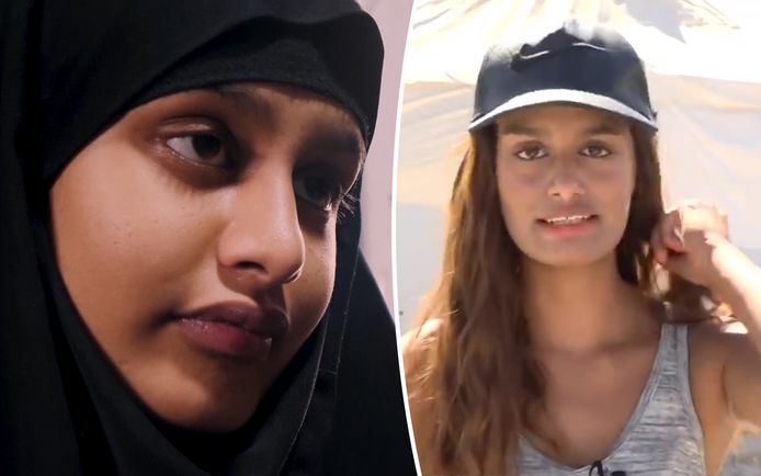 Shamima Begum enkele jaren geleden (L) en recenter in 2021, met weer een opvallend westerse look.