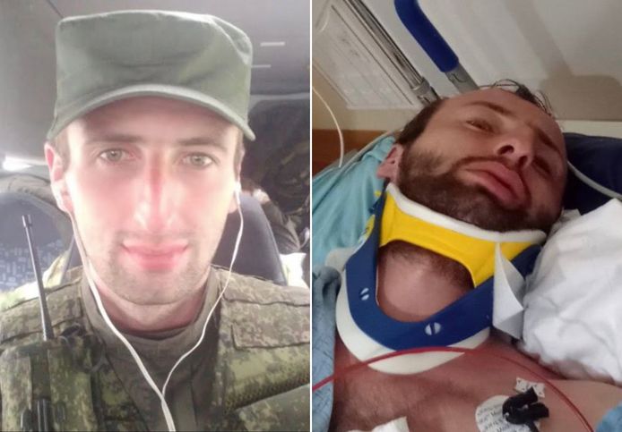 Fidar Choebajev als soldaat in Oekraïne (links) en na zijn aanrijding in de VS