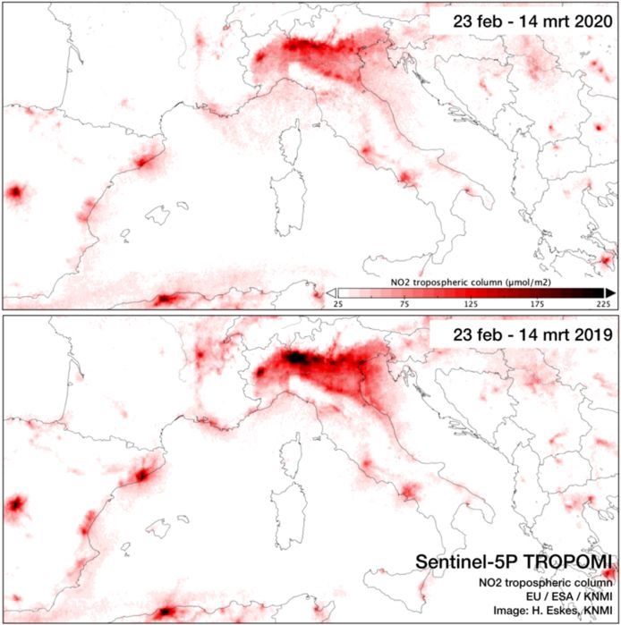 Stikstofdioxide in de lucht boven Noord-Italië.