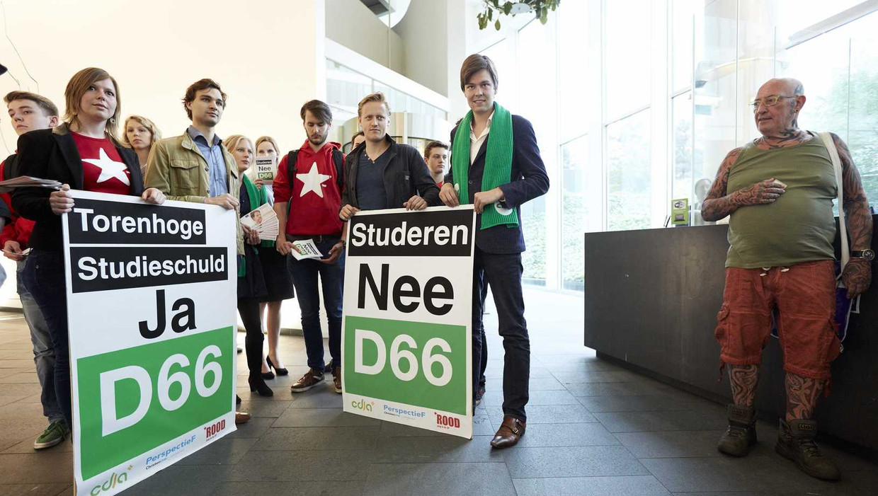 Leden van politieke jongerenorganisaties Rood (SP), Perspectief (ChristenUnie) en CDJA voeren actie tegen een op handen zijnde leenstelsel voor studenten. Beeld anp
