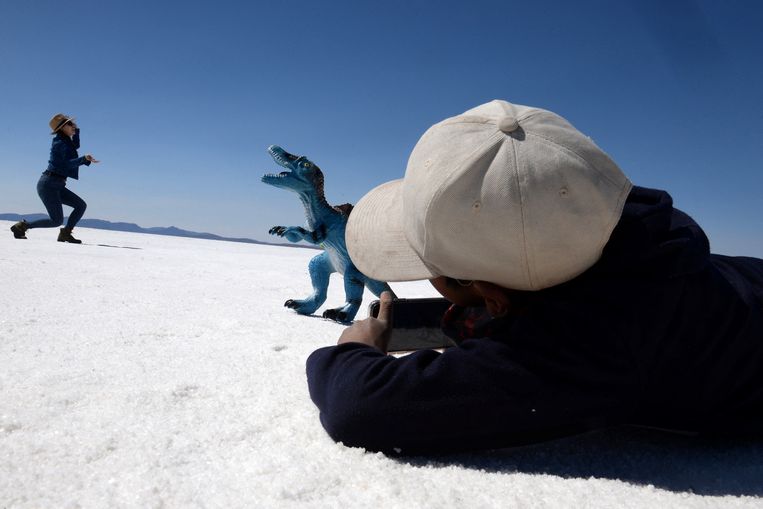 De 11-jarige Piter Condori fotografeert een toerist op de Salar de Uyuni in Bolivia, de grootste zoutvlakte ter wereld. De vlakte is een belangrijke toeristische trekpleister en Condori verdient op deze manier geld voor zijn familie. Beeld REUTERS