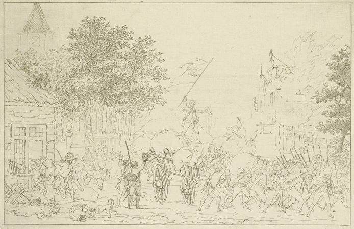 Plundering van een dorp door Franse troepen door D. Langendyk.