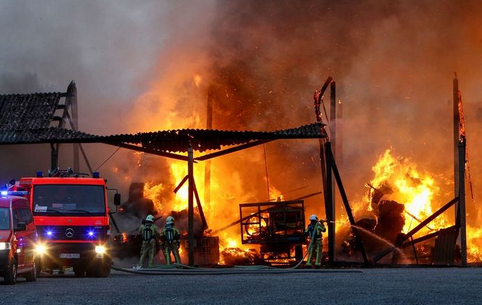 De brand woedde in alle hevigheid in een loods van een vlasbedrijf langs de Krekelstraat in Ingelmunster.