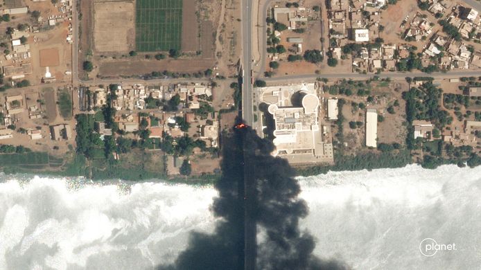 A fire near a hospital in Khartoum, as seen in a satellite image from Planet Labs PBC.
