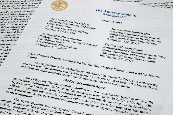 De brief van Justitieminister Barr aan het congres met de conclusies van speciaal onderzoeker Robert Mueller.