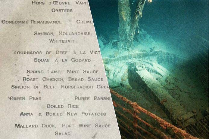 L: de menukaart van de Titanic. R: een beeld van de gezonken Titanic.