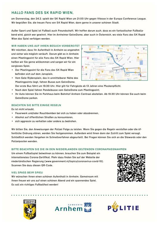 De flyer waarmee Arnhem de supporters van Rapid Wien verwelkomt voor de wedstrijd tegen Vitesse.