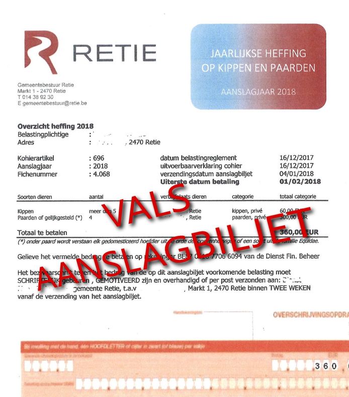 Het valse aanslagbiljet. De tekst 'vals aanslagbiljet' heeft de gemeente aangebracht voor publicatie.