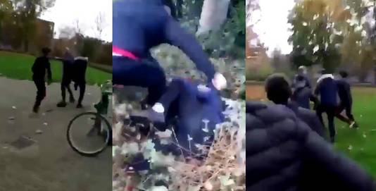 In de filmpjes is te zien hoe de daders leeftijdgenoten tegen de grond werken en hen schoppen en slaan.