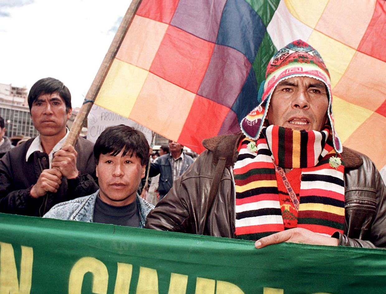 Felipe Quispe Huanca bij protesten tegen de regering in La Paz, 1999.  Beeld AFP