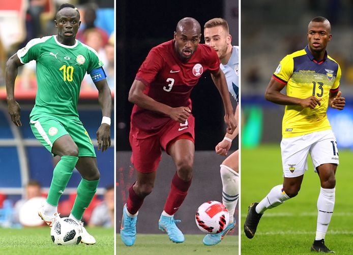 Vlnr Sadio Mané (Senegal), Abdelkarim Hassan (Qatar) en Enner Valencia (Ecuador).
