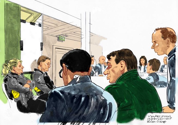 Een rechtbanktekening van Sonja Holleeder in een afgesloten ruimte (links) tijdens haar getuigenverklaring eerder deze weel bij de rechtbank in Amsterdam Osdorp in de zaak tegen haar broer Willem Holleeder (midden).