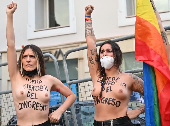 Ce mercredi des militantes Femen ont protesté contre l’homophobie devant le Congrès des députés à Madrid.