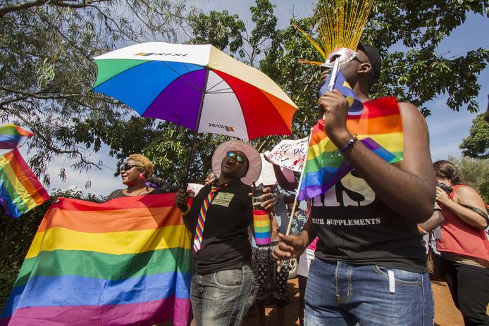 Een Gay Pride-optocht in de Oegandese stad Entebbe in 2015.
