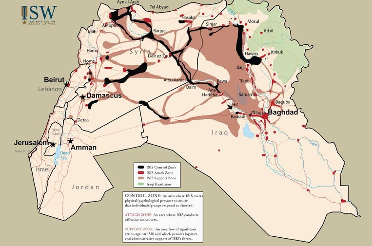 Het gebied dat IS in handen heeft in Irak en Syrië en waar het nog altijd strijd voert. Beeld Institute for the Study of War