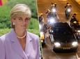 Links: prinses Diana, rechts: een fragment uit het nieuwe seizoen van ‘The Crown’ waarin het auto-ongeluk van Diana wordt nagebootst.