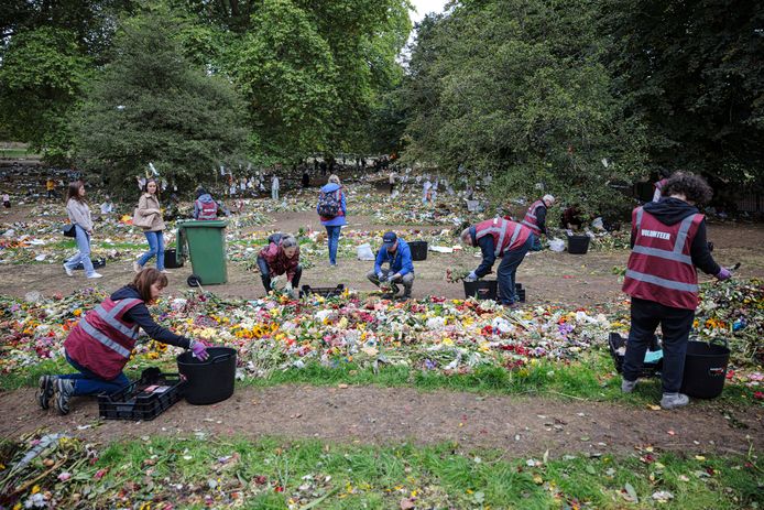 Vrijwilligers halen bloemen voor de Queen weg uit Londense parken.