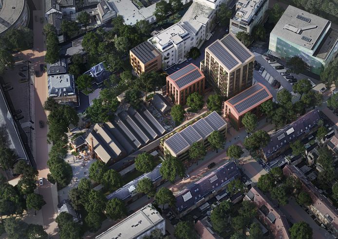 Het nieuwe plan voor de bouw achter het Duvelhok: de 65 appartementen worden verdeeld over vijf bouwblokken (de blokken met zonnepanelen).