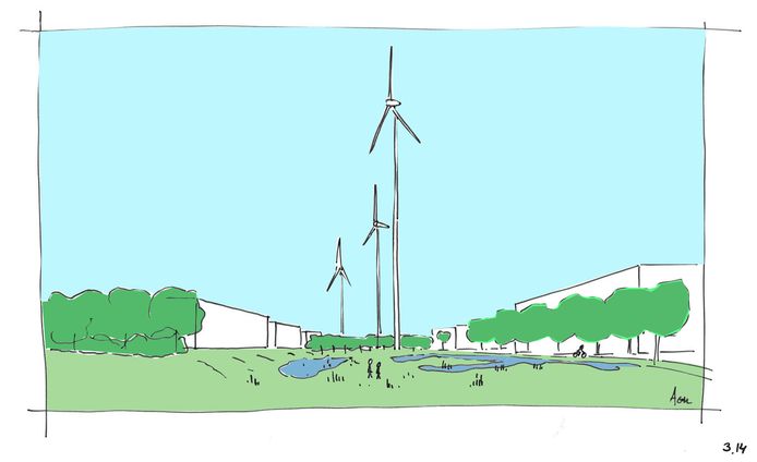 Een getekende impressie van het toekomstige bedrijventerrein, met drie hoge turbines.