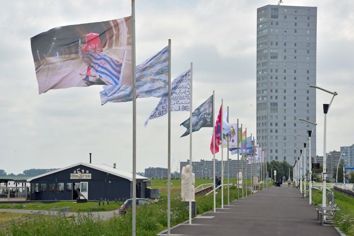 Kunstroute Schoonheid en Troost in Terneuzen met beelden, borden en vlaggen, bedrukt met kunst.