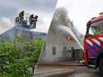 Vanaf de hoogwerker zaagden brandweerlieden het dak van de loods in Haaren open. Zo hoopt de brandweer makkelijker het vuur te kunnen bestrijden.