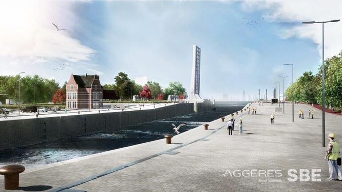 Hier zijn de waterkeringsmuren van de Royerssluis naar beneden.