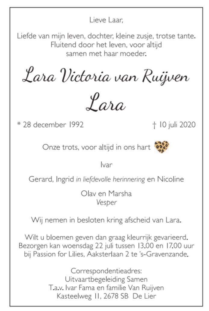 Rouwadvertentie Lara van Ruijven