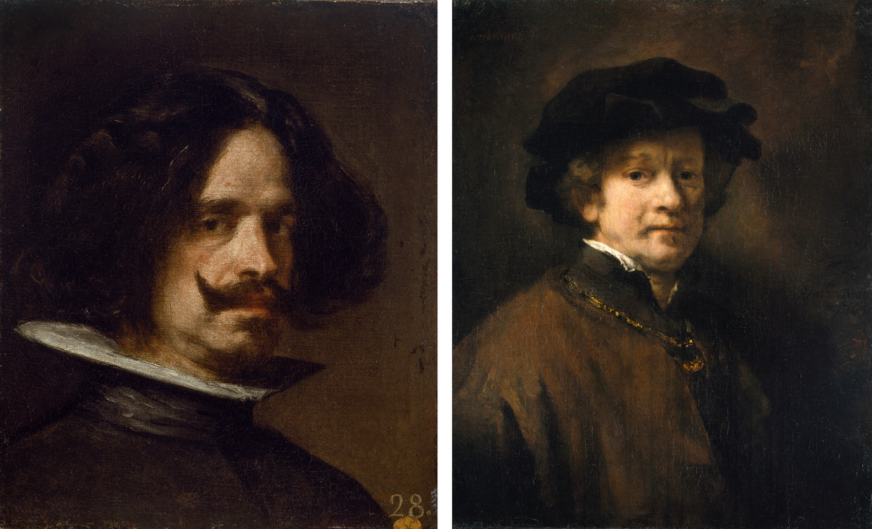 Links: Velázquez, Zelfportret, ca. 1640. Rechts: Rembrandt, Zelfportret met baret en gouden ketting, 1654 . Beeld  