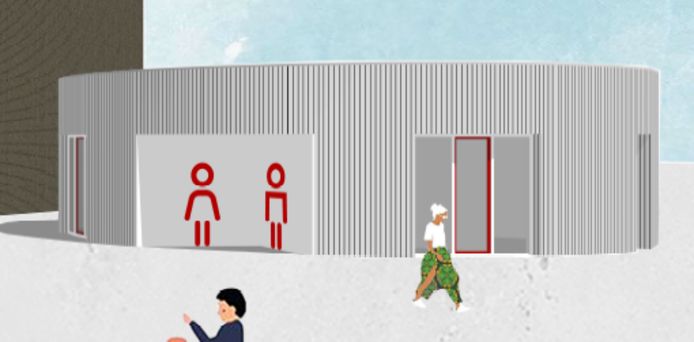 Conceptbeelden van het nieuwe sanitaire paviljoen op de speelplaats van basisschool De Talententuin.