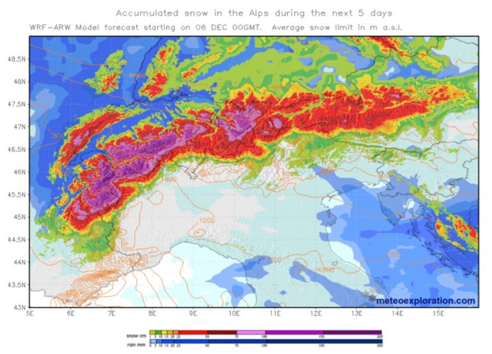 Komende 5 dagen wordt er zeer veel sneeuw verwacht in de Alpen. Sommige gebieden krijgen volgens de laatste weerdata meer dan 1 meter sneeuw te verwerken.