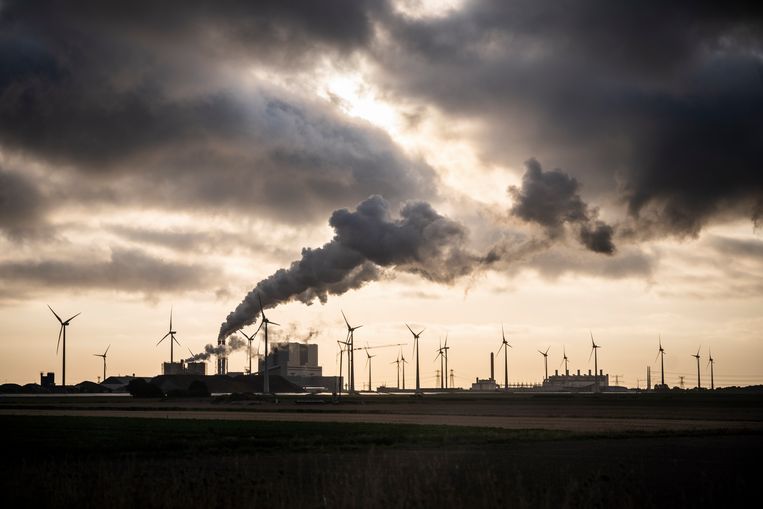 De vervuilende RWE kolencentrale in de Groningse Eemshaven is omgeven met windmolens. Beeld Kees van de Veen