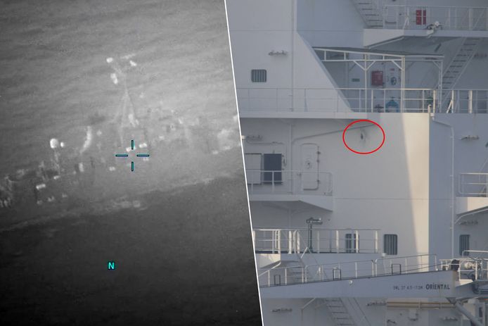 Links: een Iraans marineschip, rechts de tanker Richmand Voyager, die werd beschoten in de Golf van Oman. (05/07/23)