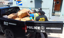 A photo on December 15, 2020 shows Marshall Islands police loading a box filled with one-kilo "bricks" of cocaine into a police pickup truck from a patrol vessel that transported the cocaine from a remote outer atoll to Majuro for confiscation and destruction. - An 18-foot fiberglass boat was found washed up on Ailuk Atoll, a remote atoll with about 400 people, in the Marshall Islands last week with 649 kilos (1,340 pounds) of cocaine sealed in its hold under the deck. (Photo by Giff JOHNSON / AFP)