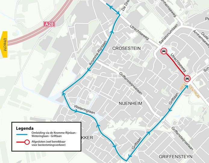 De omleiding vanwege de afgesloten Utrechtseweg.
