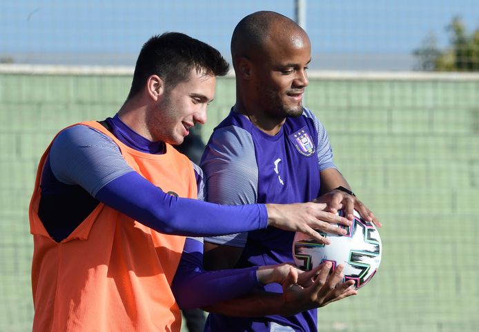 SAN PEDRO DEL PINATAR, SPAIN - JANUARY 9 :  Vincent Kompany defender of Anderlecht and Luka Adzic midfielder of Anderlecht pictured during a training session at the midseason training winter stage camp on January 09, 2020 in San Pedro Del Pinatar, Spain, 9/01/2020 ( Photo by Philippe Crochet / Photonews