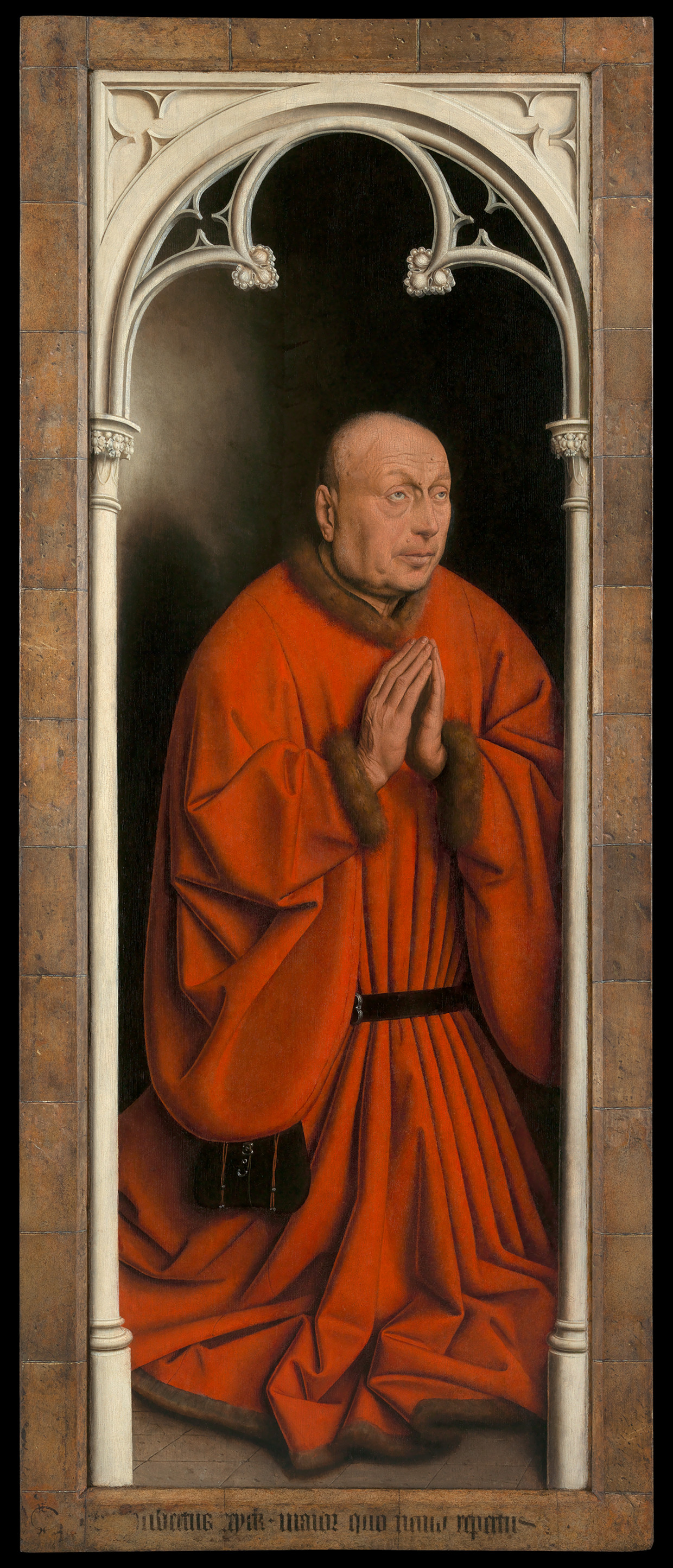 Opdrachtgever Joost Vijd is door Van Eyck met ouderdomsvlekjes, pukkels en wallen onder de ogen afgebeeld. Beeld Sint-Baafskathedraal Gent
