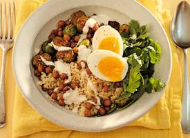 Kikkererwten-bowl met spruitjes en bulgur, voor één persoon