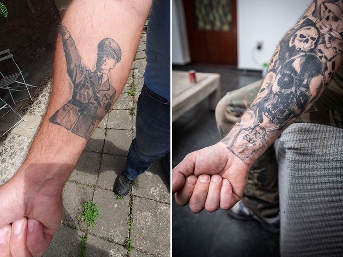 Eerst prijkte Adolf Hitler op Geerts arm, maar intussen zijn enkel nog doodskoppen te zien.