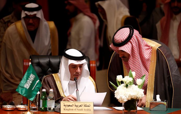 De Saoedische minister van Buitenlandse Zaken Jubeir tijdens een vergadering van het bondgenootschap.